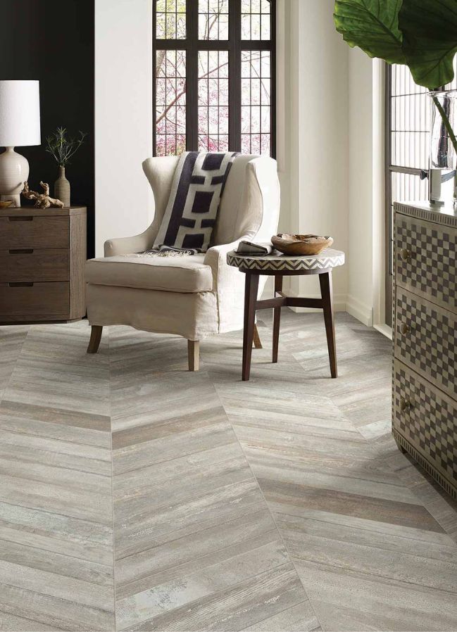 wood look tile flooring in a stylish Modesto kitchen